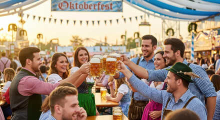 Oktoberfest celebration shows group of friends toasting beer, enjoying party under festive tent. Oktoberfest celebration atmosphere with people raising beer glasses,