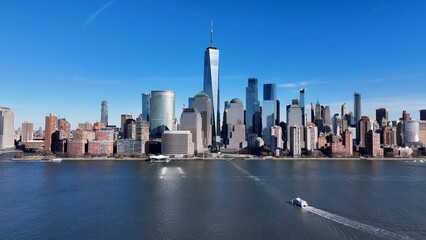 Downtown New York In Manhattan New York United States. Bustling Downtown Cityscape With Modern Buildings. Business Sky Clouds Downtown Cityscape. Outdoor Downtown Panning Wide. Manhattan New York.