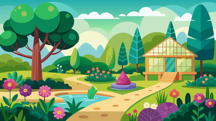 Fototapeta premium Vector art of vibrant cartoon illustration of a beautiful botanical garden with a greenhouse, pond, and colorful flowers, showcasing a lush green landscape with winding paths and trees