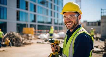 Smiling construction worker in safety gear on site, holding drill. Construction worker wears hard hat and safety glasses, professional equipment at construction site.
