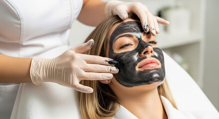 Face mask application by cosmetologist for radiant skin at beauty salon. Skincare treatment includes applying charcoal face mask for deep cleansing and revitalization.
