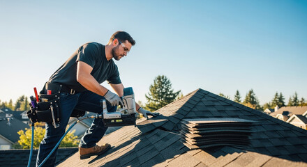 Roofing repair in process with skilled builder working on shingles. Roofing repair requires care and precision, as shown in the professional working with tools.