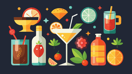Vector art of assortment of colorful cocktails and bar ingredients, including bottles, glasses, fruits, and garnishes, for a festive atmosphere