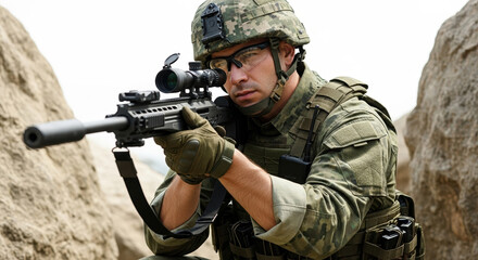 Soldier aiming rifle carefully in desert environment, soldier aiming rifle precisely. The soldier aiming rifle is focused while wearing camouflage uniform, tactical gloves,