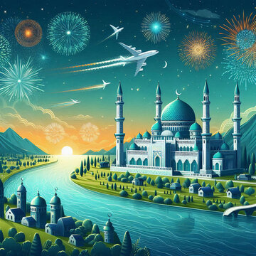 A breathtaking travel moment captured with an airplane soaring above a stunning mosque below. The scene blends spirituality and adventure, symbolizing the harmony between modern travel and timeless Is