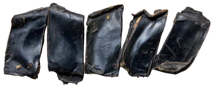 Crinkled, dark, rectangular shapes