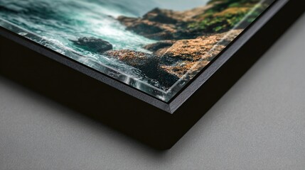 and keyword list you requested

 Framed Art Ocean Scene Mounted in Sleek Contemporary Frame Corner Detail