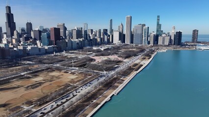 Chicago Skyline In Chicago Illinois United States. Tropical River With A Scenic Forest Trees Viewed...