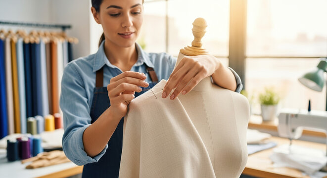 Woman tailor working with mannequin in atelier, creating stylish garment. Fashion designer carefully pinning fabric, adjusting clothes on dummy. Atelier work on new collection,