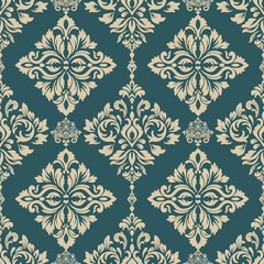 Elegant diamond-shaped damask pattern in deep green and cream, featuring intricate floral curves. Perfect for wallpapers, packaging, and heritage textile prints.