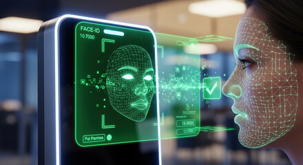 Face recognition on screen, a high tech process, featuring scanning biometric information. Face recognition technology is used for security and identification.