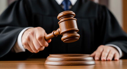 Justice gavel hits sound block in court, signifying legal authority, fairness, and impartial decision-making. Justice gavel striking creates a somber mood,