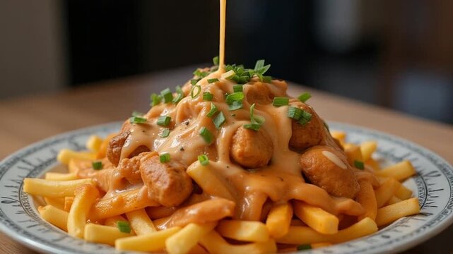  Butter Chicken Poutine served authentically on a plate

