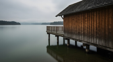 Wooden boathouse on lake calm water with forest and sky serene scene landscape photography waterscape view