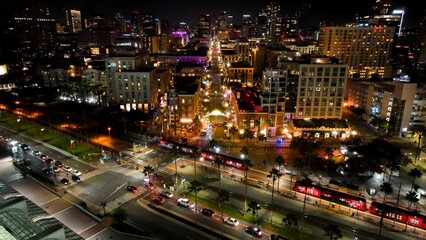 Night Gaslamp Quarter In San Diego California United States. Modern City Center With Skyscrapers Reflecting The Urban Life. Building Sky Background Illuminated Urban.