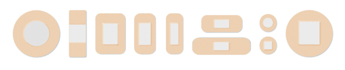 Medical plasters. Bandages set. Adhesive bandage for first aid for wounds operations and skin injuries. Protecting open wound from infection. Vector