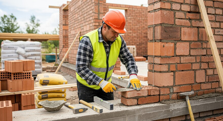 Construction worker laying brick for bricklaying with spirit level, wearing safety gear on building site.