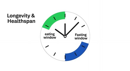 A clean, minimalist time-lapse animation of a clock showing intermittent fasting windows.