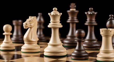 A close-up view of classic wooden chess pieces arranged on a checkered board, with the white queen in focus.