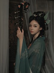 Young Asian woman in elegant traditional attire, holding a prop Chinese word means flower. © Guisheng