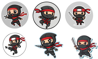 Collection of Cute Cartoon Ninja Characters and Stickers