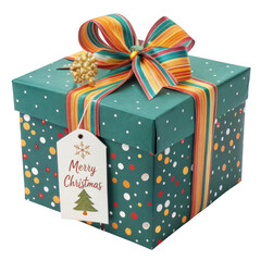 Festive teal christmas gift box with colorful ribbon and merry christmas tag isolated on transparent background
