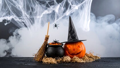 Festive Orange Pumpkin Wearing Black Witch Hat with Cauldron