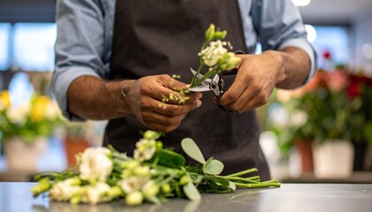 A florist carefully cuts white flowers with scissors with precision