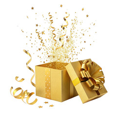 Golden confetti explodes from an open gift box with ribbon isolated on transparent background