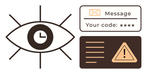 Eye with clock icon, alert panel, and encrypted code message representing security, vigilance, time management, alerts, cybersecurity, privacy and warnings. Ideal for safety-focused designs simple