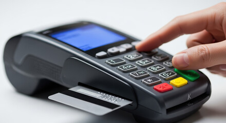 POS terminal transaction for secure payment, entering pin code on keypad to finalize POS terminal transaction. Using POS terminal transaction for retail purchase at store, complete transaction.