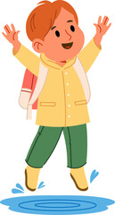 Boy in Raincoat Jumping in Puddle