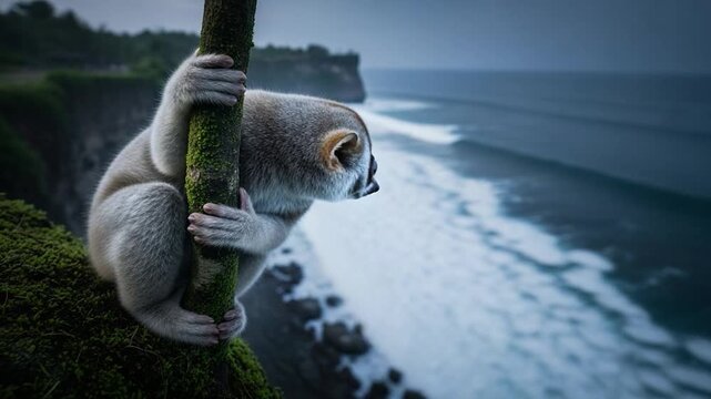 Loris Perched on Mossy Branch Overlooking Ocean Waves