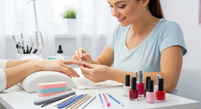 Nail salon visit, during which specialist does manicures for client. Professional nail salon services are often booked in advance.