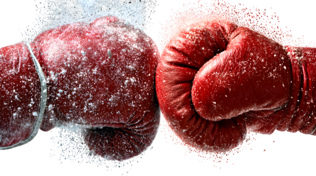 hd realistic boxer gloves punshing each other with flying sparkles showing fight and sports action isolated on white