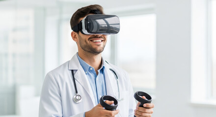 Immersive virtual reality experience for healthcare worker, where doctor smiles while exploring healthcare innovation.