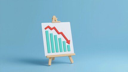 A 3D wooden easel holds a white rectangular board with a turquoise descending bar chart and red zigzag downward arrow, set against a smooth blue background.