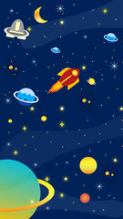 Illustration of a space scene with planets, stars, rocket, and flying saucers in a dark blue background