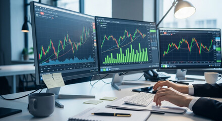 Trader analyzing stock market data on multiple computer screens in the office