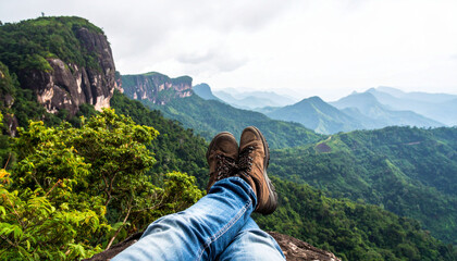 a person sitting on a rocky outcropping with a breathtaking view of lush green mountains in the background. the person appears relaxed, enjoying the natural landscape that stretches out before them.