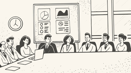 A business meeting with charts and graphs on the whiteboard and a clock on the wall in the office room | editable eps vectors silhouette