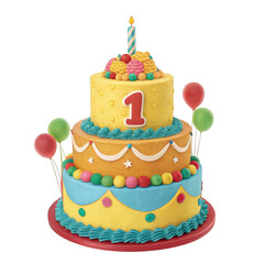 Colorful three tier birthday cake with number one candle isolated on transparent background