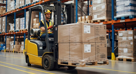 Operating forklift inside warehouse, worker operates forklift to transport packaged goods, ensuring safe and efficient material handling. Inside industrial warehouse,