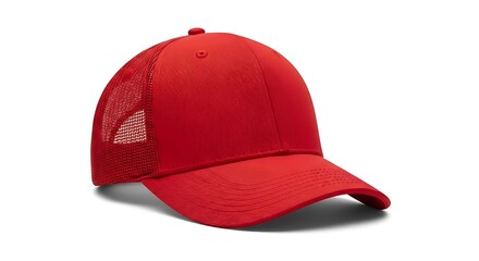 A vibrant red trucker cap with a mesh back isolated on white background
