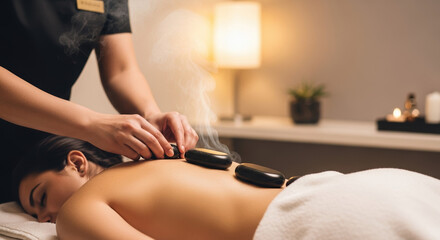 Hot stone massage given by therapist on back, enjoying relaxation. Hot stone massage ensures well being with therapist placing the soothing rocks along spine.