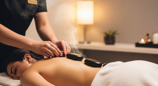 Hot stone massage given by therapist on back, enjoying relaxation. Hot stone massage ensures well being with therapist placing the soothing rocks along spine.