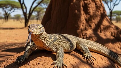 Monitor Lizard on Mound with Blue Tongue Flicking in African Savannah Video