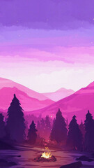Illustration of a campfire scene with purple mountains and trees under a pink and purple sky view