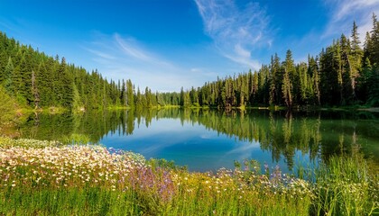 Fototapeta premium tranquil lake reflection in a vibrant evergreen forest with wildflowers and blue sky