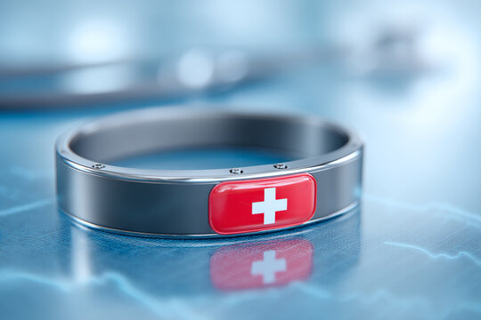 A generic medical alert bracelet with a subtle, identifiable symbol, resting on a clean, medical-themed background.